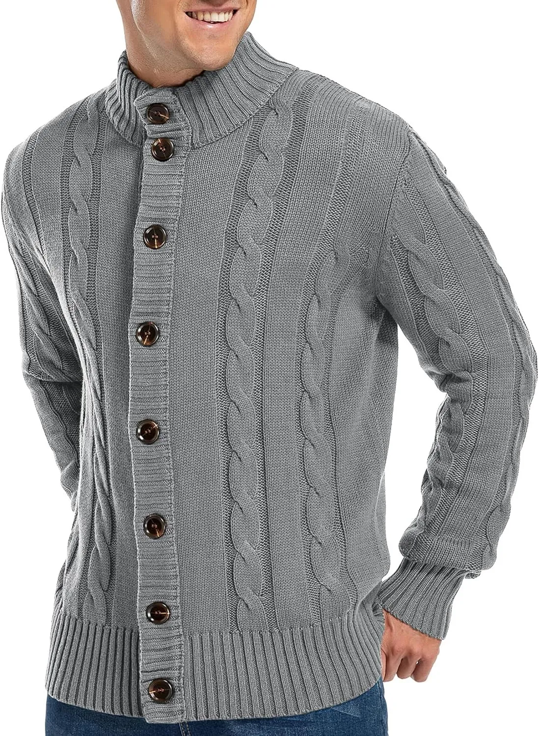 Aimeilgot Mens Fashion Casual Slim Fit Button Down Cable Knitted Stand Collar Cardigan Sweater