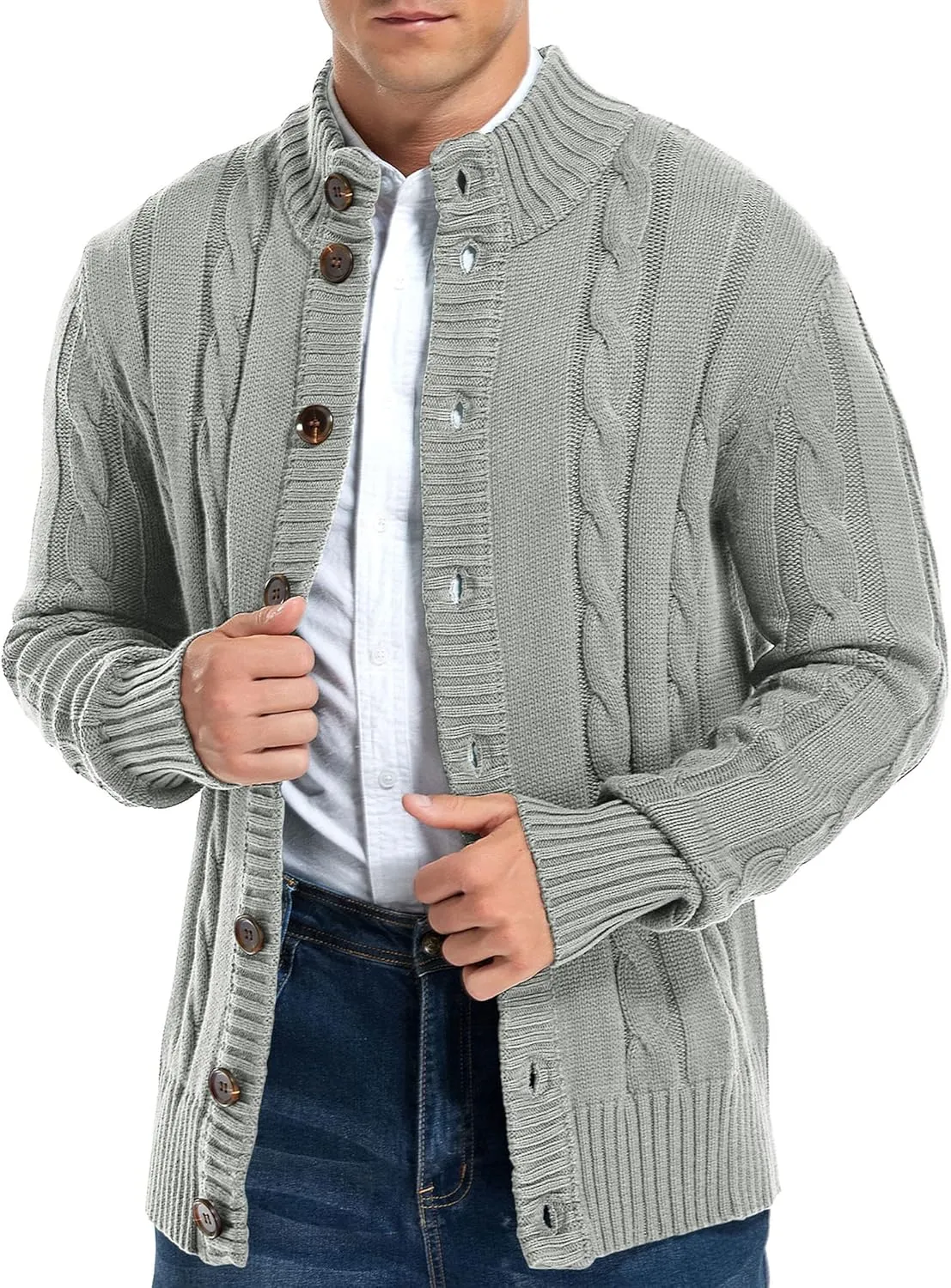 Aimeilgot Mens Fashion Casual Slim Fit Button Down Cable Knitted Stand Collar Cardigan Sweater