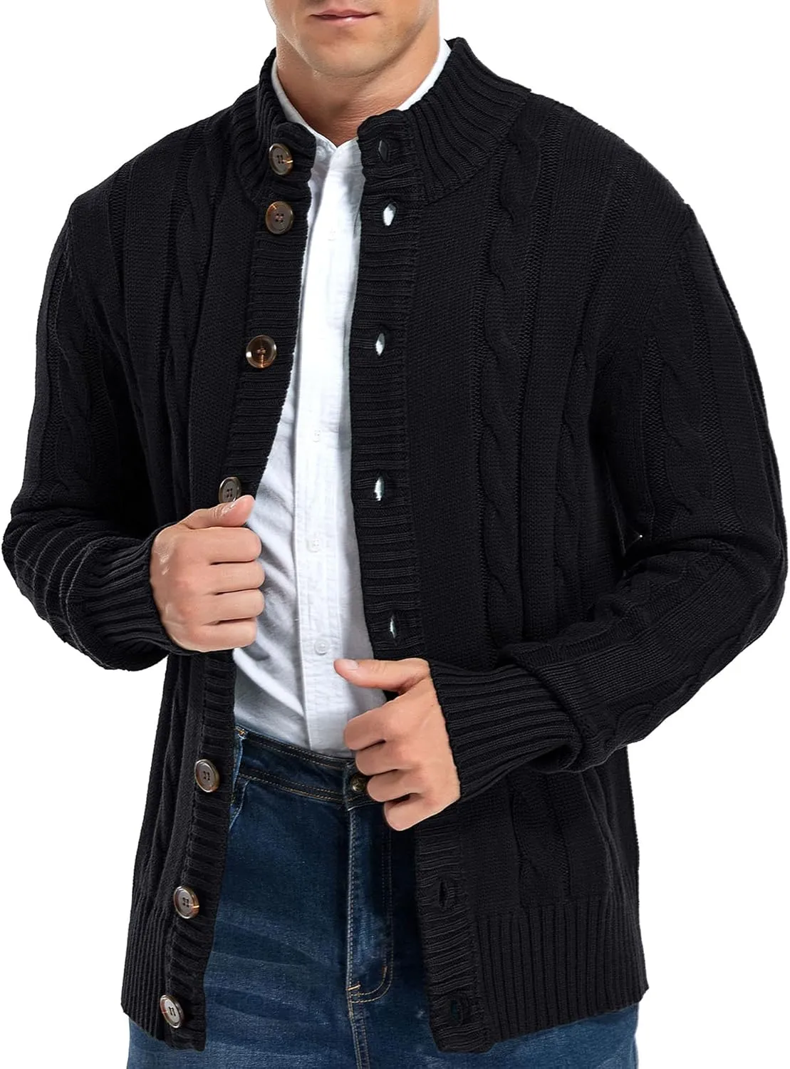 Aimeilgot Mens Fashion Casual Slim Fit Button Down Cable Knitted Stand Collar Cardigan Sweater