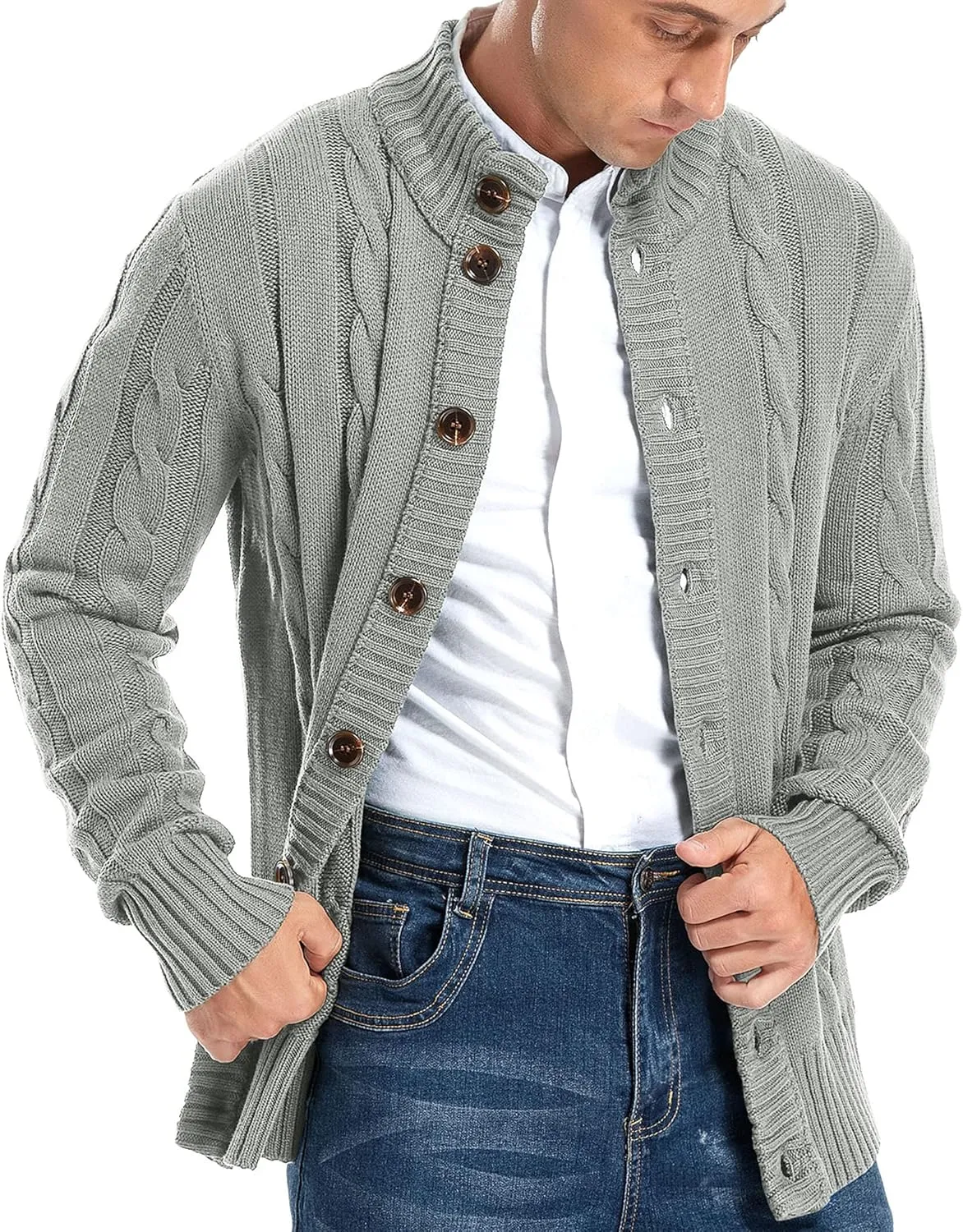 Aimeilgot Mens Fashion Casual Slim Fit Button Down Cable Knitted Stand Collar Cardigan Sweater
