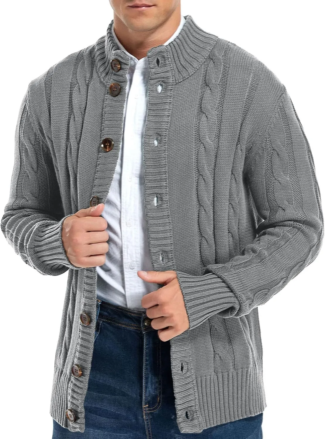 Aimeilgot Mens Fashion Casual Slim Fit Button Down Cable Knitted Stand Collar Cardigan Sweater