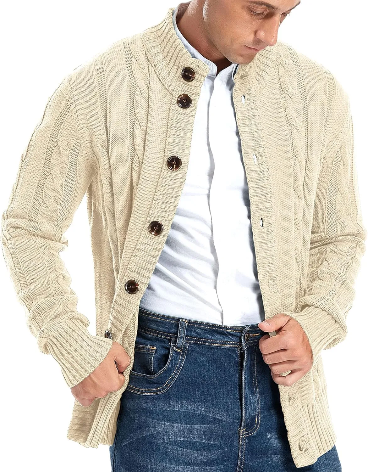 Aimeilgot Mens Fashion Casual Slim Fit Button Down Cable Knitted Stand Collar Cardigan Sweater