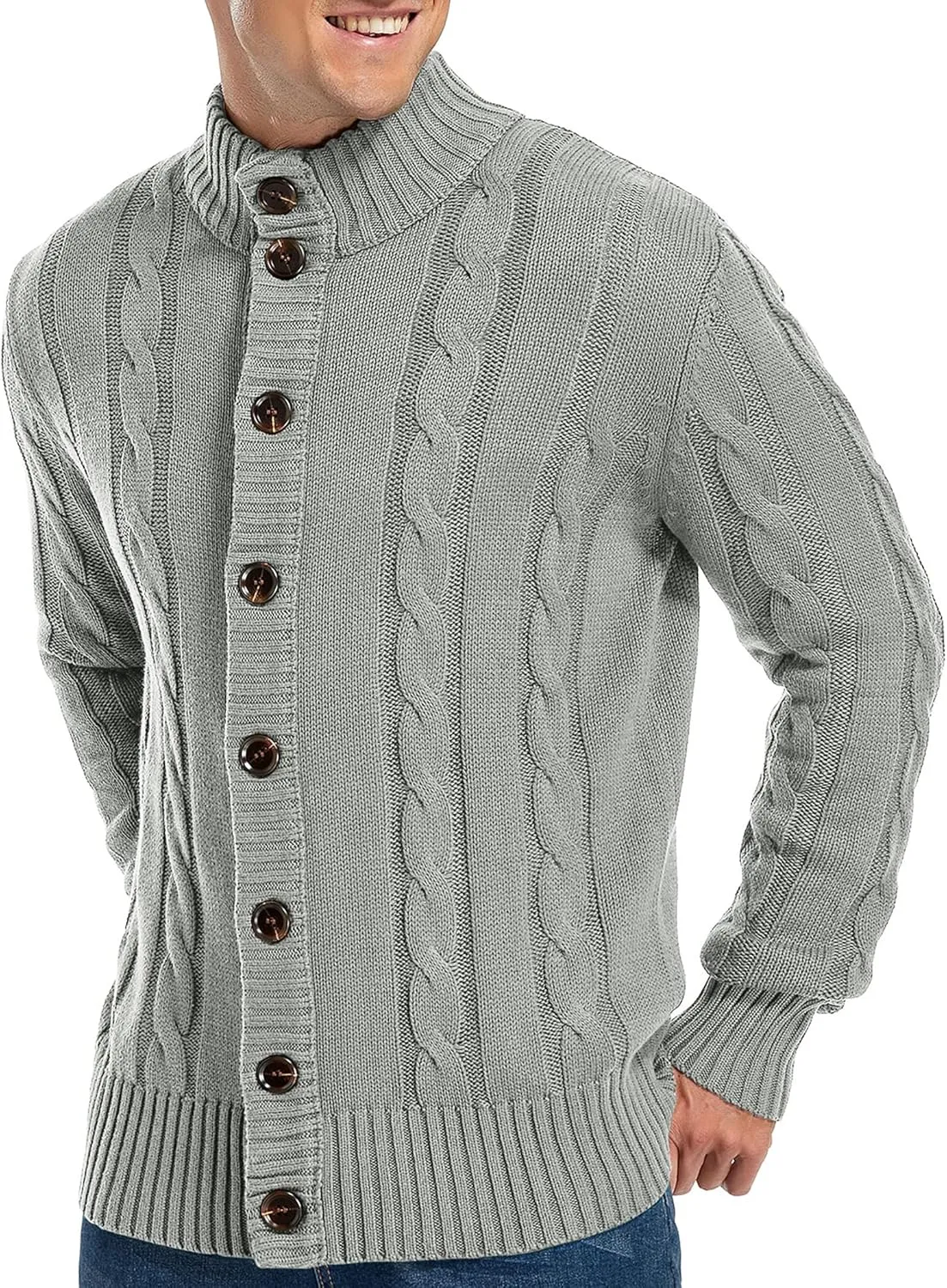 Aimeilgot Mens Fashion Casual Slim Fit Button Down Cable Knitted Stand Collar Cardigan Sweater