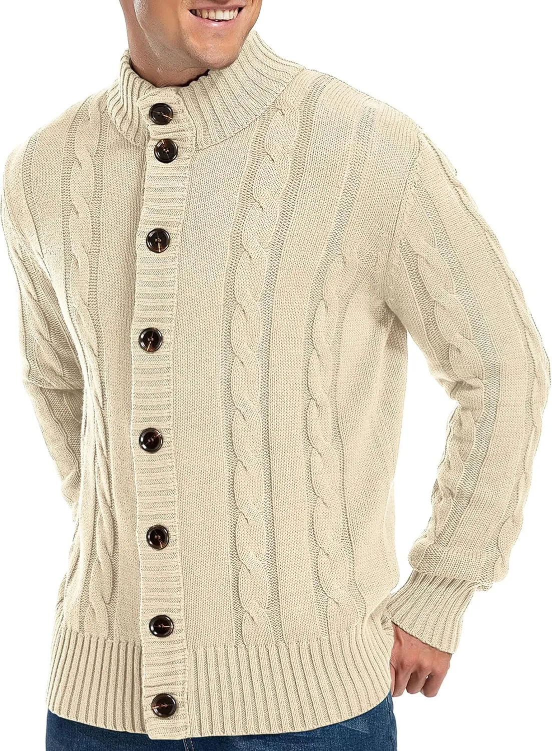 Aimeilgot Mens Fashion Casual Slim Fit Button Down Cable Knitted Stand Collar Cardigan Sweater