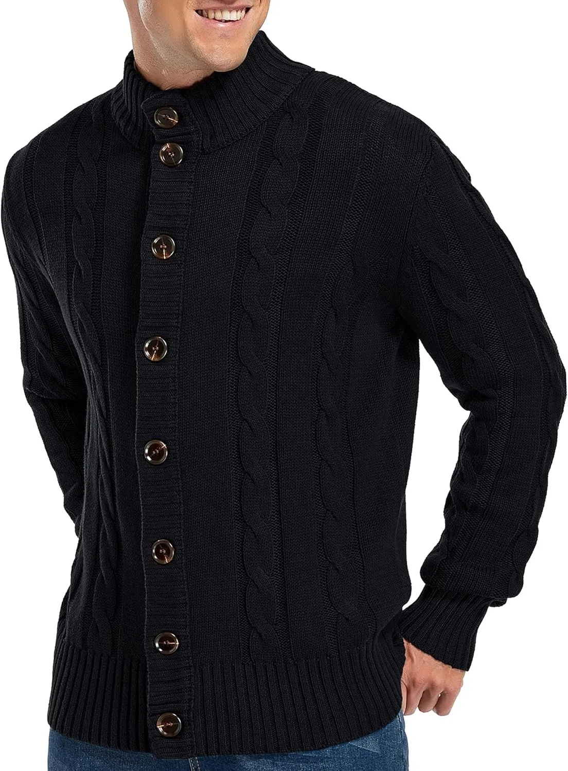 Aimeilgot Mens Fashion Casual Slim Fit Button Down Cable Knitted Stand Collar Cardigan Sweater