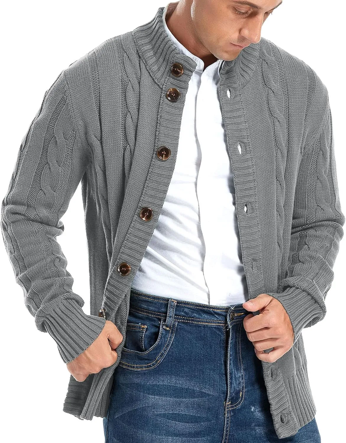 Aimeilgot Mens Fashion Casual Slim Fit Button Down Cable Knitted Stand Collar Cardigan Sweater
