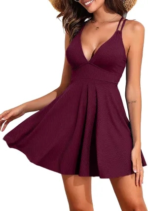 Aleumdr Swim Dress for Women One Piece Tummy Control Swimsuit Ribbed A Line Skirted Bathing Suits