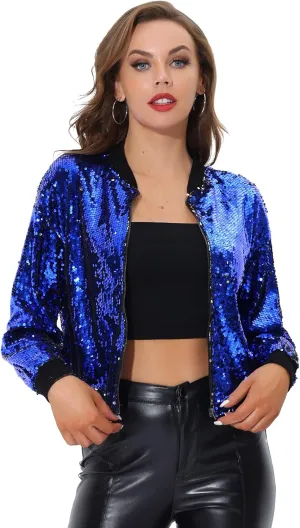 Allegra K Women's Sequin Jacket Long Sleeve Zipper Shiny Glitter Tops Sparkly Shirts Casual Bomber Jackets