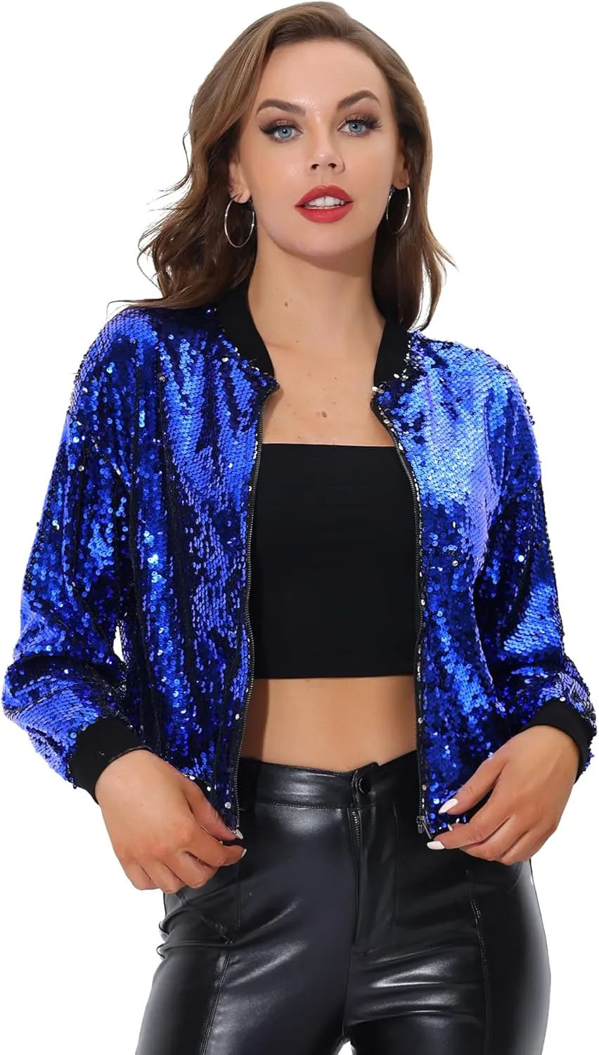 Allegra K Women's Sequin Jacket Long Sleeve Zipper Shiny Glitter Tops Sparkly Shirts Casual Bomber Jackets