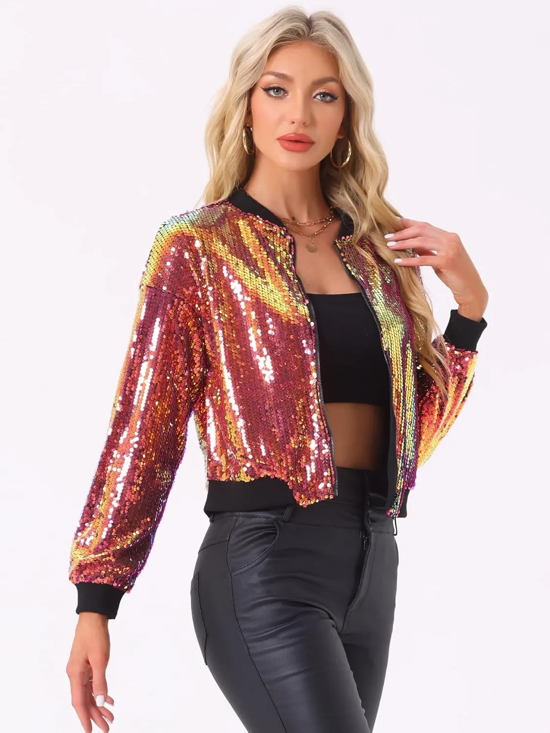 Allegra K Women's Sequin Jacket Long Sleeve Zipper Shiny Glitter Tops Sparkly Shirts Casual Bomber Jackets