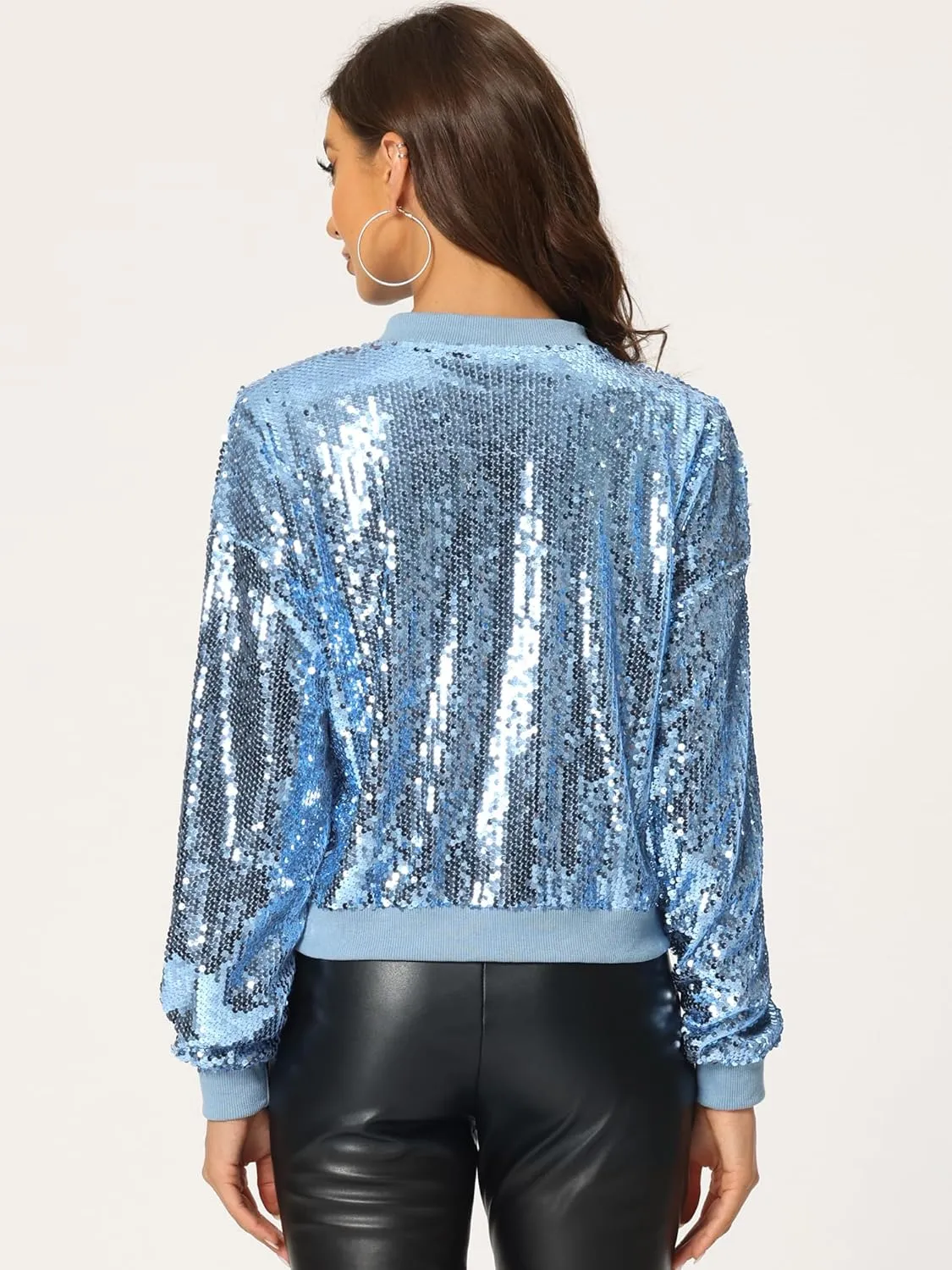 Allegra K Women's Sequin Jacket Long Sleeve Zipper Shiny Glitter Tops Sparkly Shirts Casual Bomber Jackets