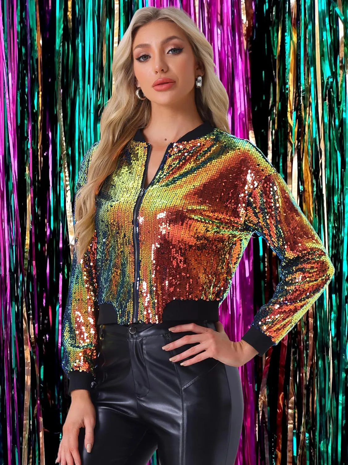 Allegra K Women's Sequin Jacket Long Sleeve Zipper Shiny Glitter Tops Sparkly Shirts Casual Bomber Jackets