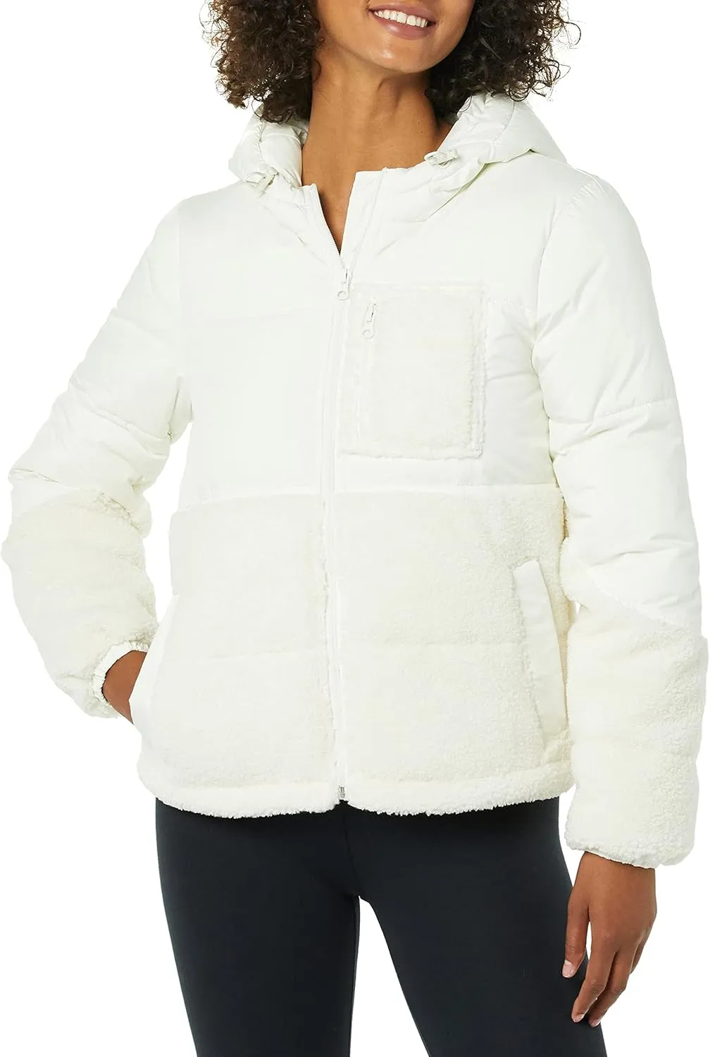 Amazon Essentials Women's Full-Zip Sherpa Fleece Hooded Puffer Jacket