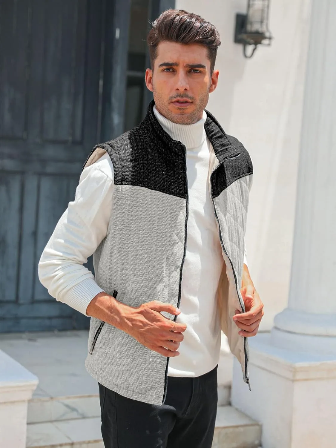 Aoysky Men's Quilted Fleece Vest Stand Collar Full Zip Outdoor Warm Waistcoat Sleeveless Casual Outwear Vest Jacket