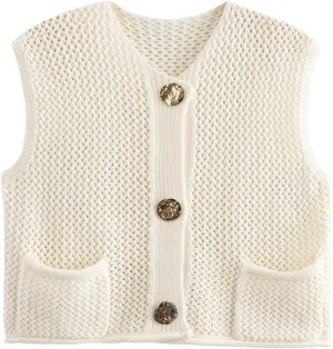 Arssm Womens Cropped Sweater Vest Crochet Chunky Knit Vest Casual Sleeveless Button Down Knitted Sweater Vest
