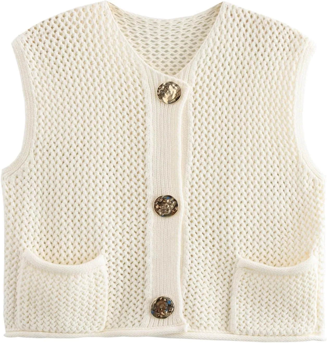 Arssm Womens Cropped Sweater Vest Crochet Chunky Knit Vest Casual Sleeveless Button Down Knitted Sweater Vest