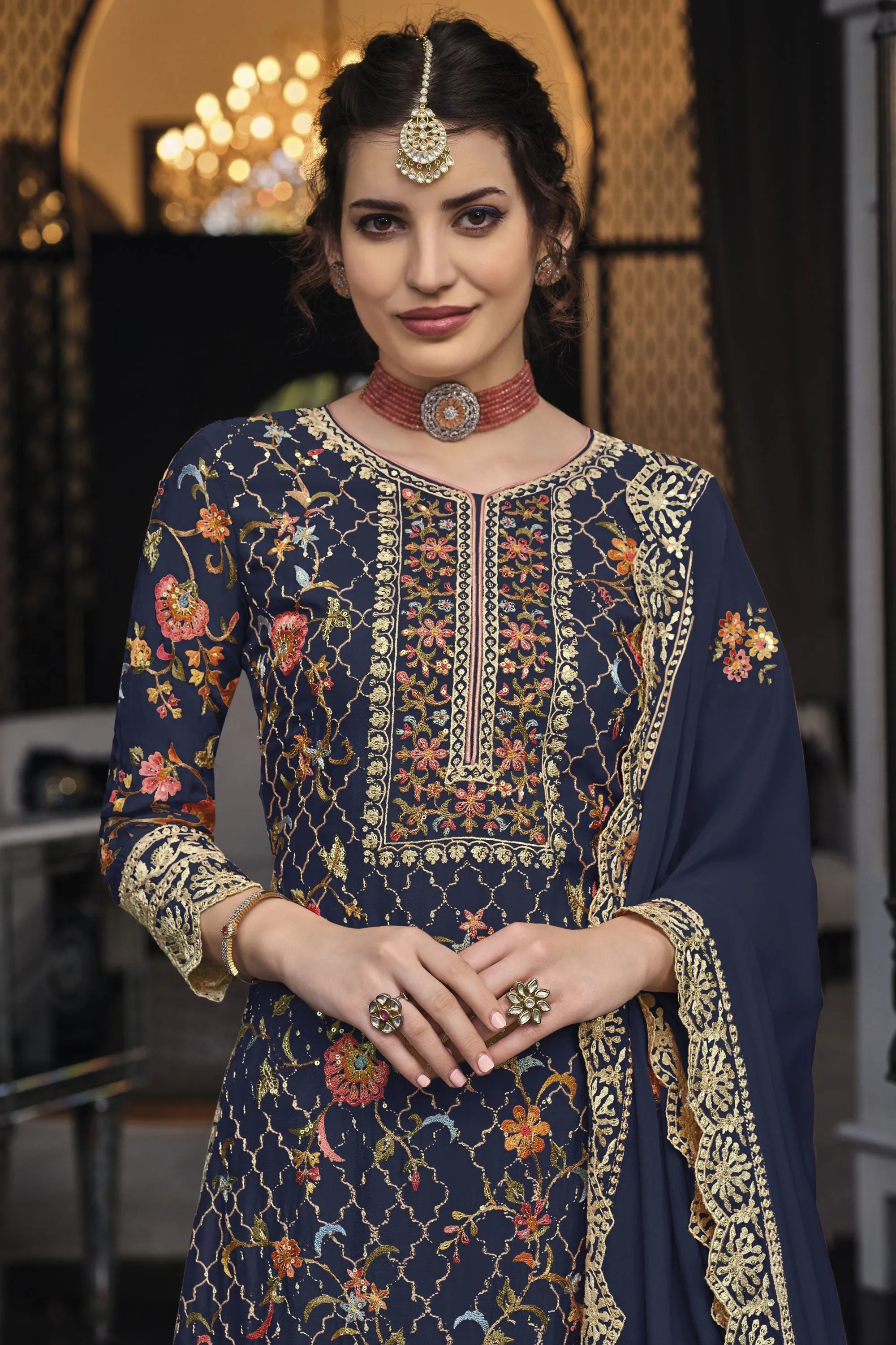 Art Silk Fabric Navy Blue Color Graceful Festive Look Palazzo Suit