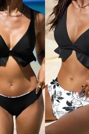 Art Strokes Blooming Ruffled Top & Reversible Hipster Bikini Set