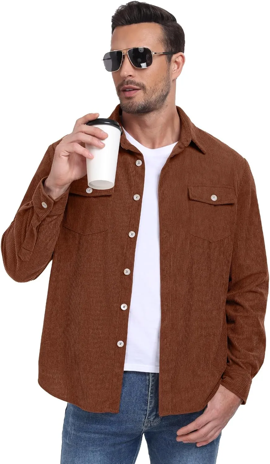 Askdeer Men's Corduroy Button Down Shirts Long Sleeve Casual Shacket Jacket Western Corduroy Shirt Jacket with Flap Pockets