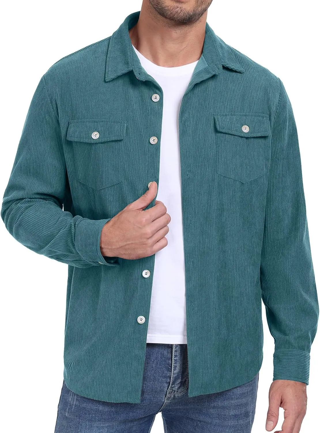 Askdeer Men's Corduroy Button Down Shirts Long Sleeve Casual Shacket Jacket Western Corduroy Shirt Jacket with Flap Pockets
