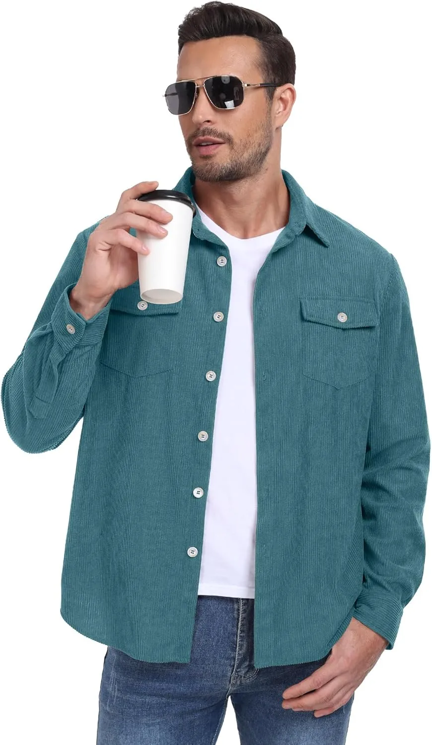 Askdeer Men's Corduroy Button Down Shirts Long Sleeve Casual Shacket Jacket Western Corduroy Shirt Jacket with Flap Pockets