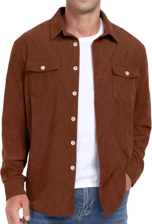 Askdeer Men's Corduroy Button Down Shirts Long Sleeve Casual Shacket Jacket Western Corduroy Shirt Jacket with Flap Pockets