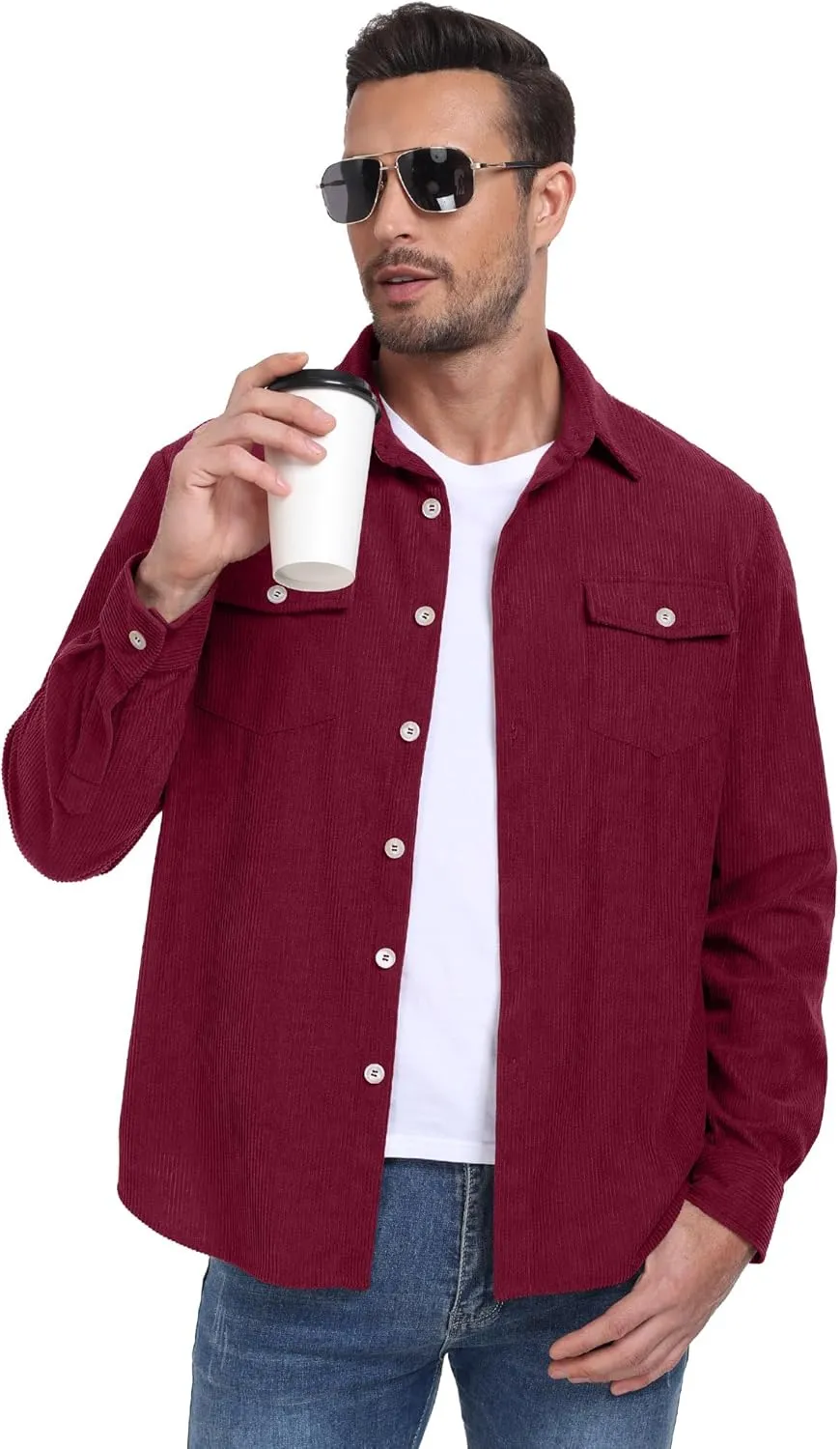 Askdeer Men's Corduroy Button Down Shirts Long Sleeve Casual Shacket Jacket Western Corduroy Shirt Jacket with Flap Pockets