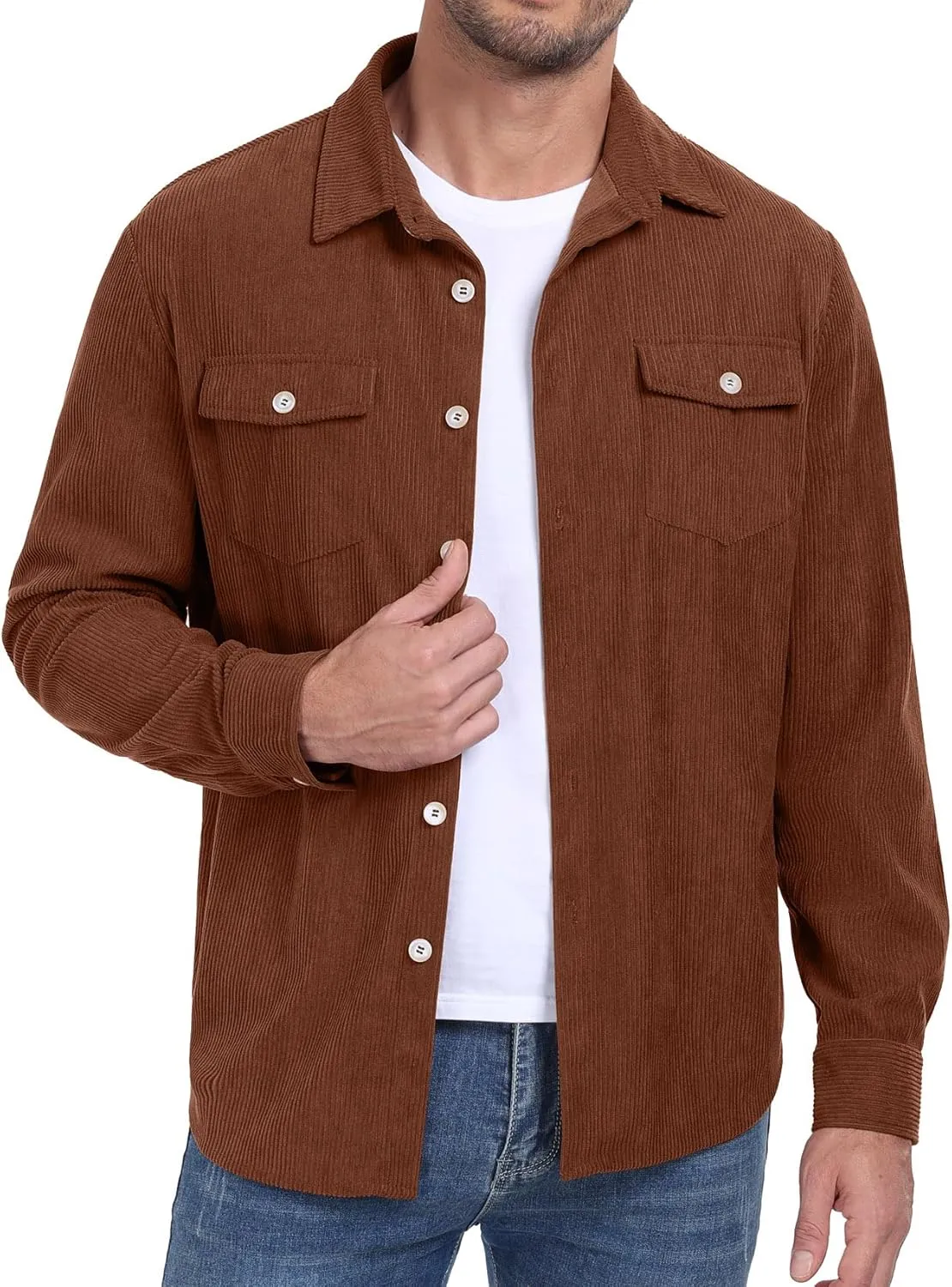 Askdeer Men's Corduroy Button Down Shirts Long Sleeve Casual Shacket Jacket Western Corduroy Shirt Jacket with Flap Pockets