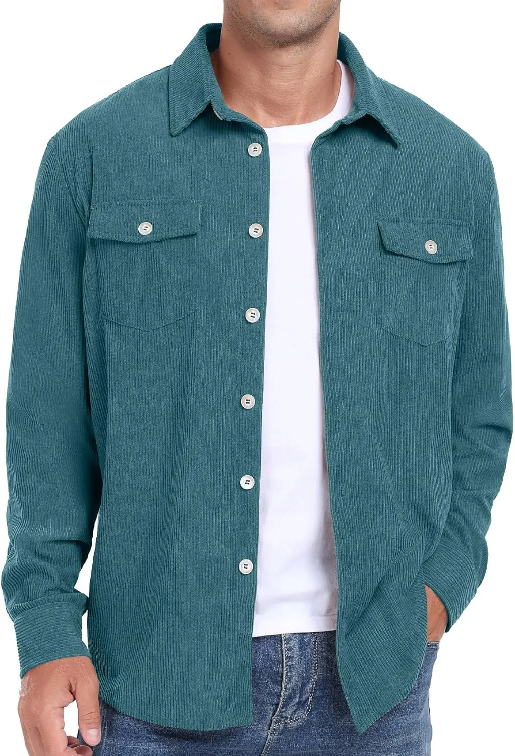 Askdeer Men's Corduroy Button Down Shirts Long Sleeve Casual Shacket Jacket Western Corduroy Shirt Jacket with Flap Pockets