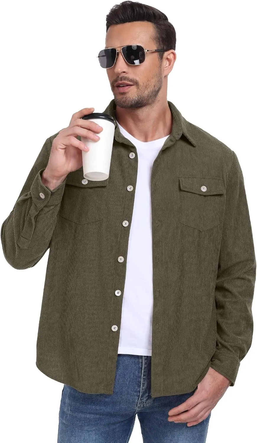 Askdeer Men's Corduroy Button Down Shirts Long Sleeve Casual Shacket Jacket Western Corduroy Shirt Jacket with Flap Pockets