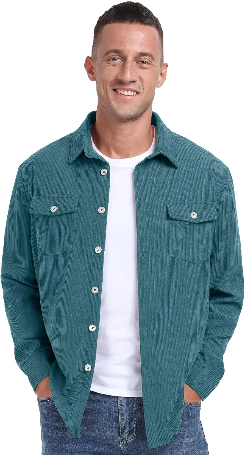 Askdeer Men's Corduroy Button Down Shirts Long Sleeve Casual Shacket Jacket Western Corduroy Shirt Jacket with Flap Pockets