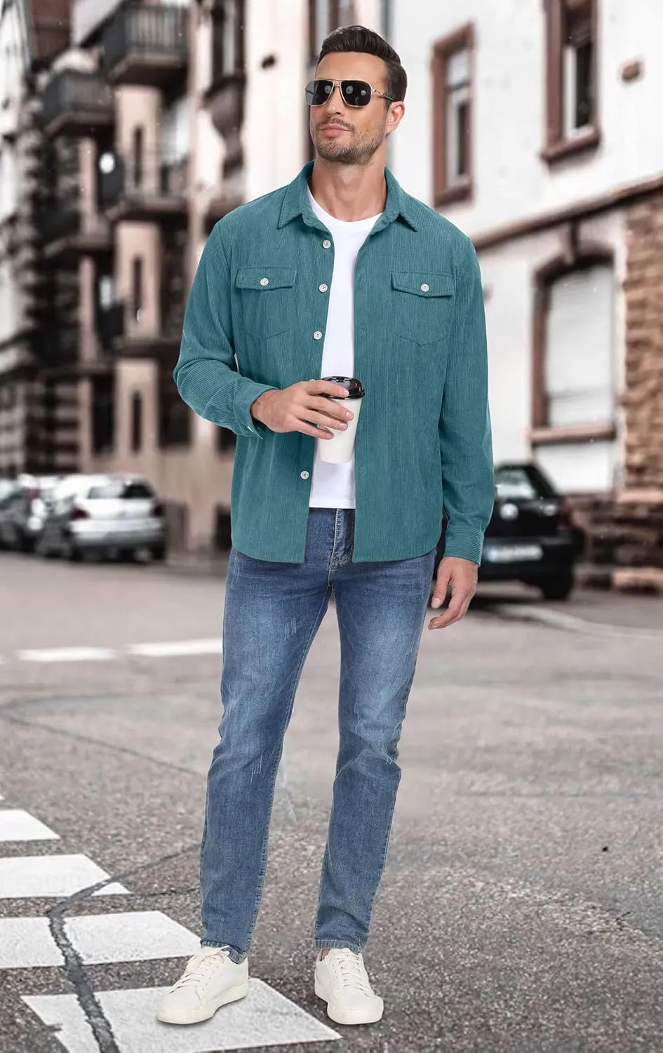 Askdeer Men's Corduroy Button Down Shirts Long Sleeve Casual Shacket Jacket Western Corduroy Shirt Jacket with Flap Pockets