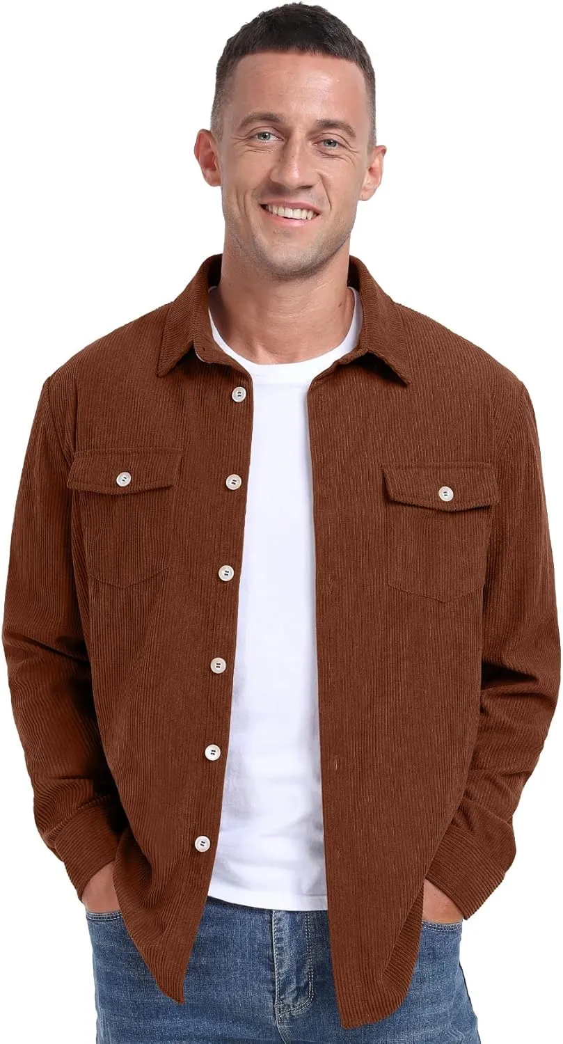 Askdeer Men's Corduroy Button Down Shirts Long Sleeve Casual Shacket Jacket Western Corduroy Shirt Jacket with Flap Pockets