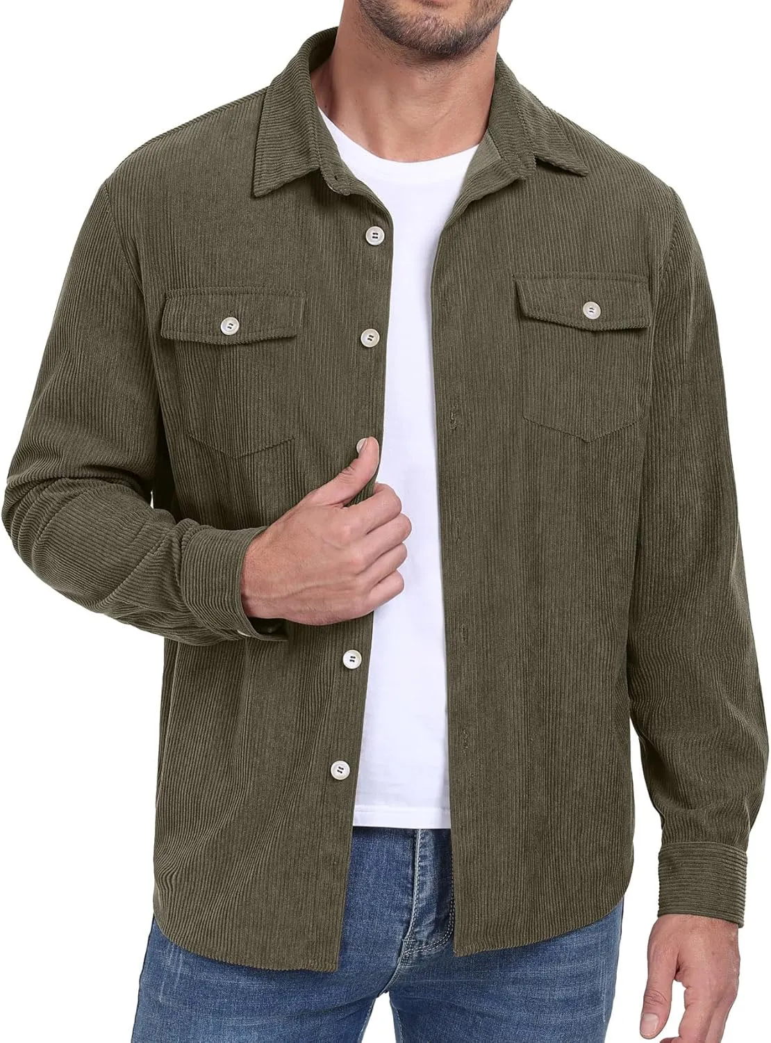 Askdeer Men's Corduroy Button Down Shirts Long Sleeve Casual Shacket Jacket Western Corduroy Shirt Jacket with Flap Pockets