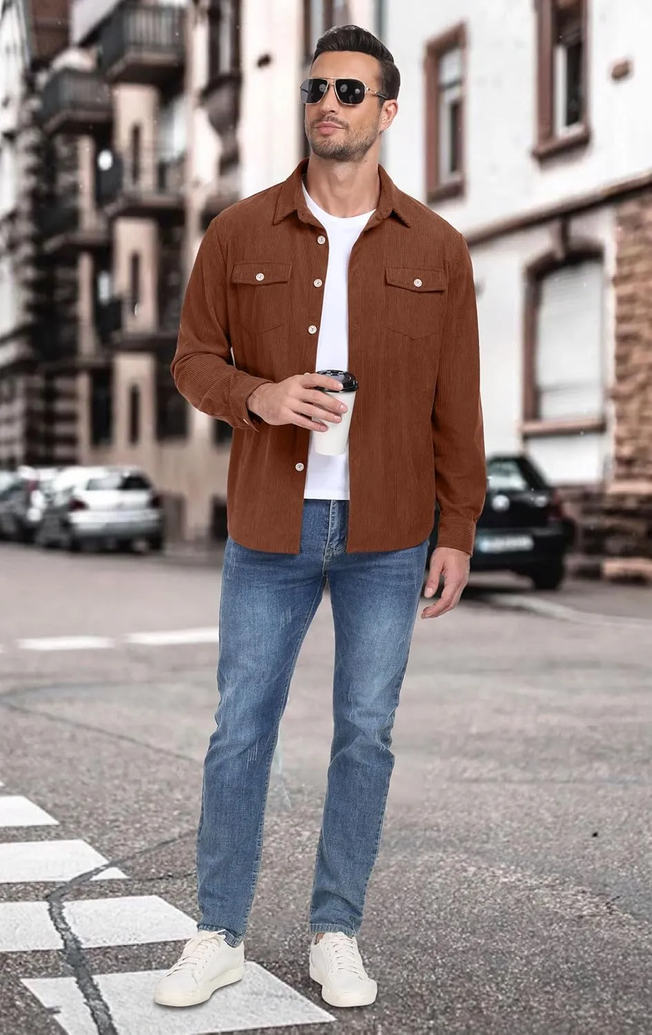 Askdeer Men's Corduroy Button Down Shirts Long Sleeve Casual Shacket Jacket Western Corduroy Shirt Jacket with Flap Pockets