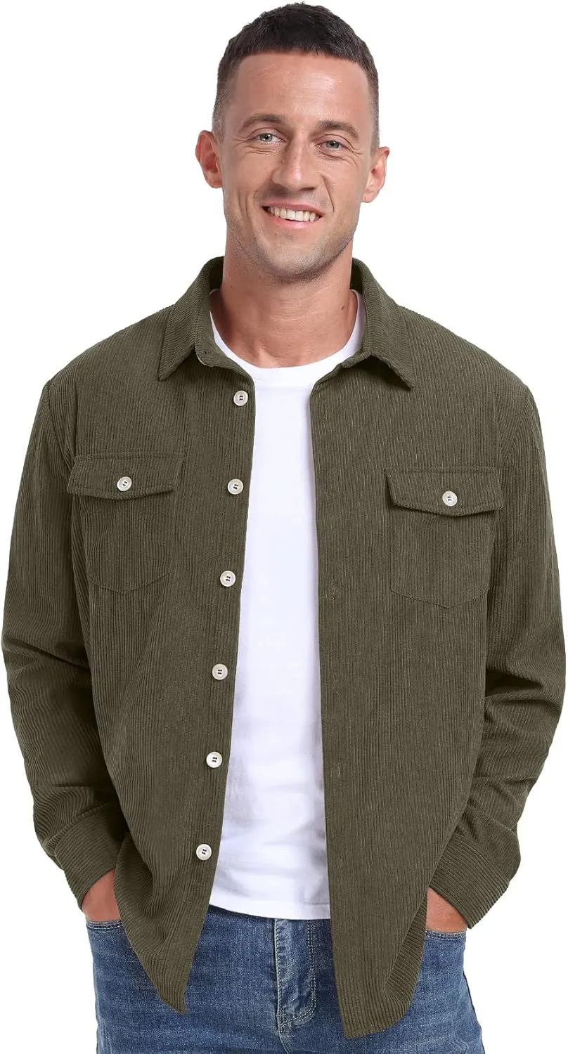 Askdeer Men's Corduroy Button Down Shirts Long Sleeve Casual Shacket Jacket Western Corduroy Shirt Jacket with Flap Pockets