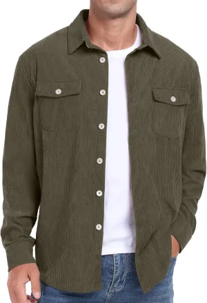 Askdeer Men's Corduroy Button Down Shirts Long Sleeve Casual Shacket Jacket Western Corduroy Shirt Jacket with Flap Pockets