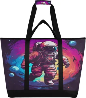 Astronaut Walking Tote Bag for Women with Zipper Reusable Grocery Bags Foldable Insulated Cooler Bag Shopping Bags Totes Handbags for Groceries Beach Picnic Travel Work