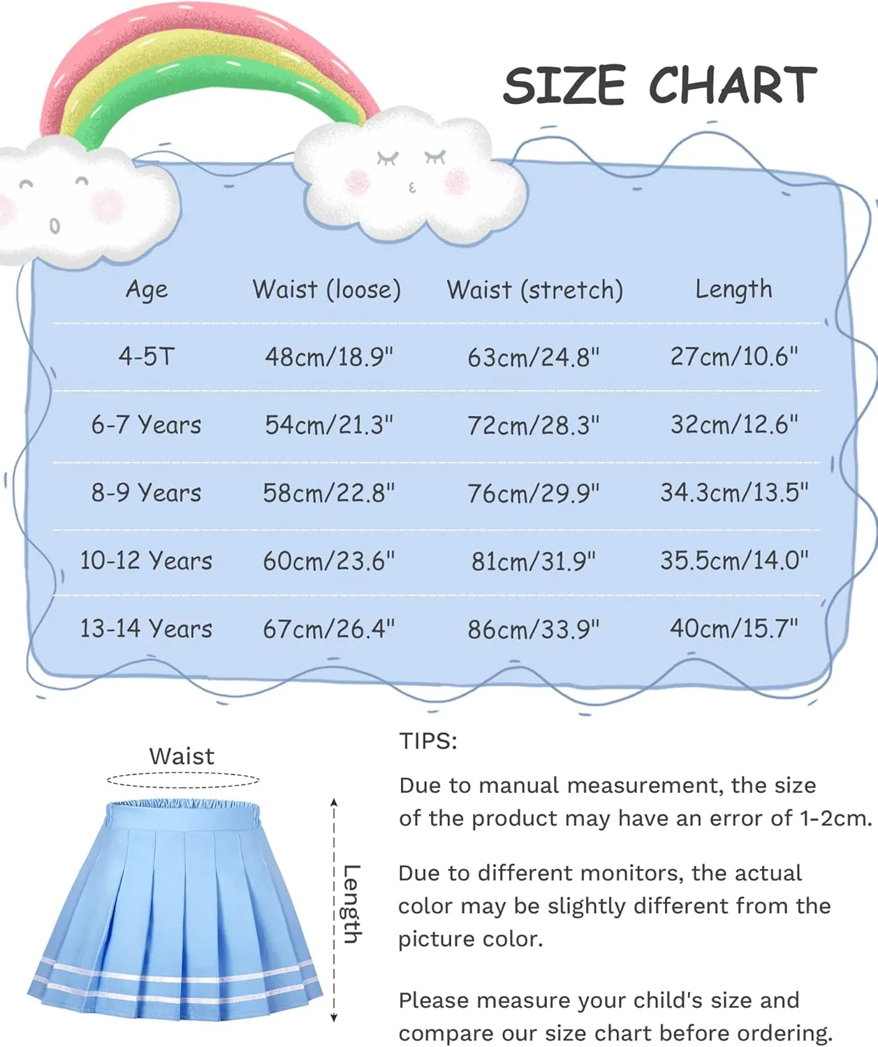 Auranso Girls Pleated Skirt Kids Tennis Elastic Waist Uniform Plaid Skirt 4-14 Y