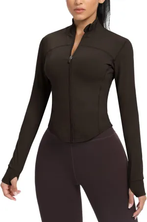 AVGO Women's Cropped Running Workout Jackets Zip Slim Fit Athletic Tops with Thumb Holes
