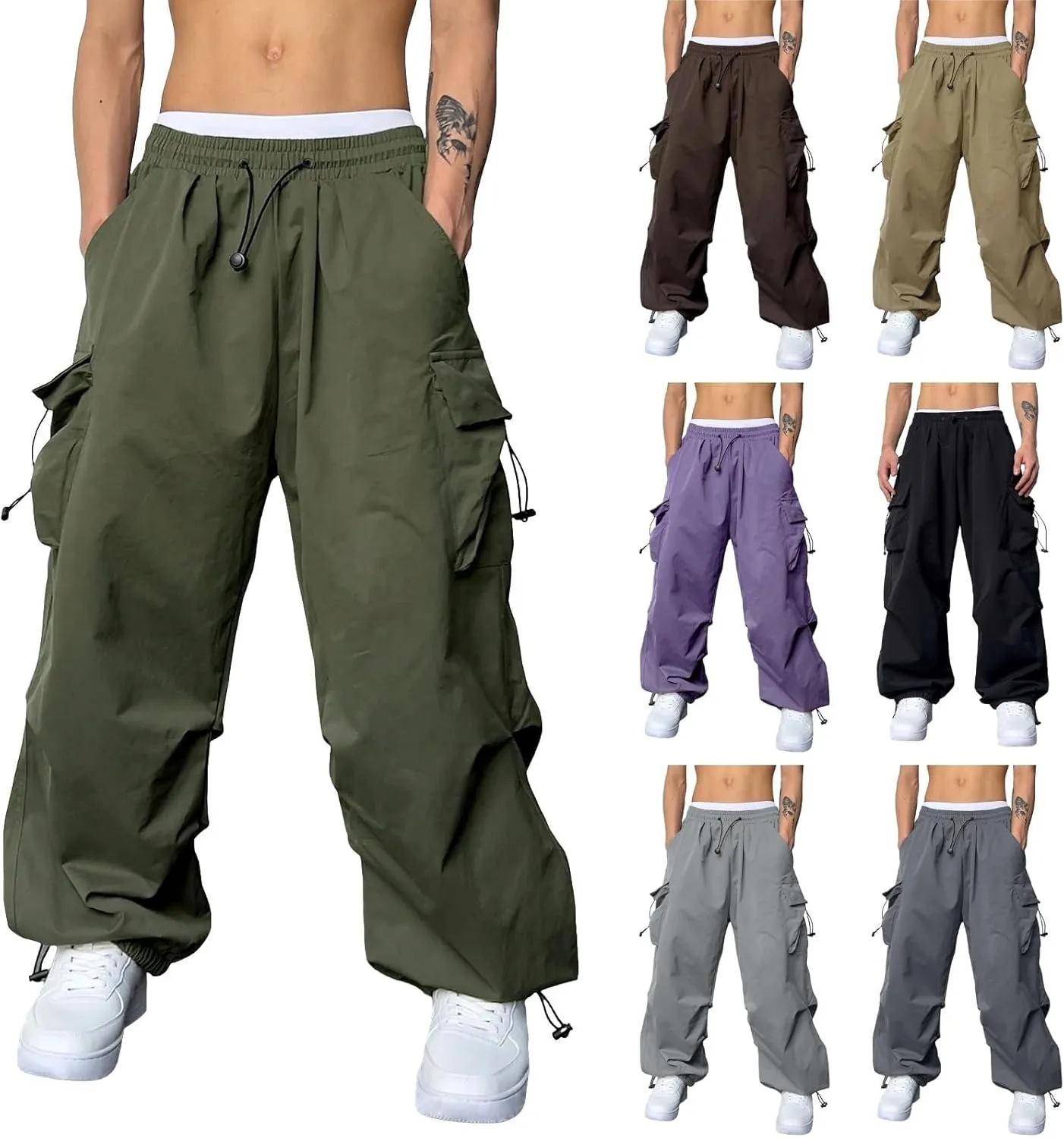 Baggy Cargo Pants for Men Harem Trendy Casual Loose Fit Parachute Pants Tactical Lightweight Hiking Pants