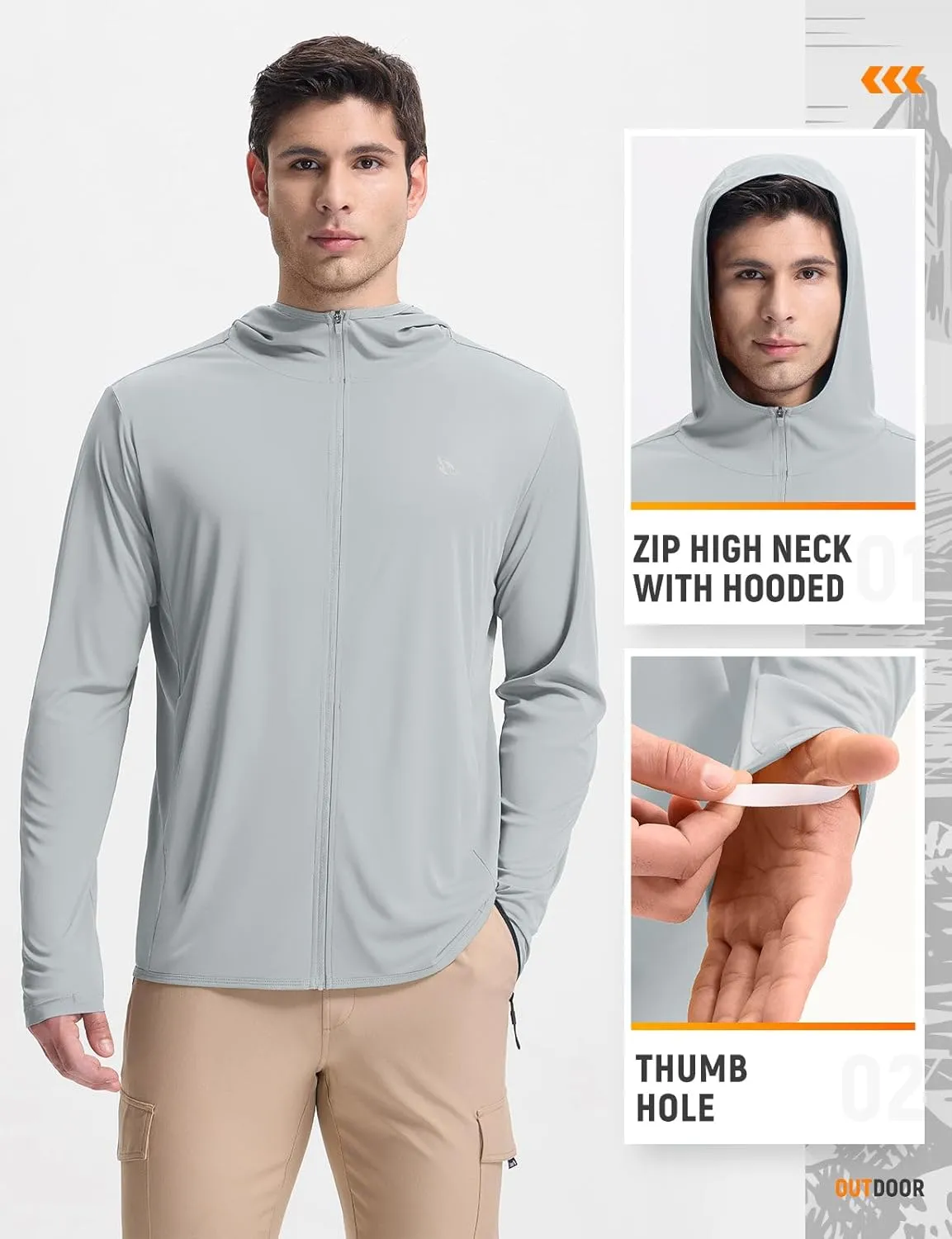 baleaf Men's UPF 50  Sun Protection Hoodie Full Zip Jacket Lightweight Long Sleeve Cooling Shirts Pockets Hiking Fishing