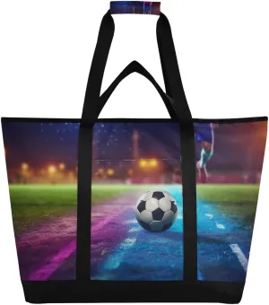 Ball Football Soccer Tote Bag for Women with Zipper Reusable Grocery Bags Foldable Insulated Cooler Bag Shopping Bags Handbags Totes for Groceries Beach Picnic Travel Work