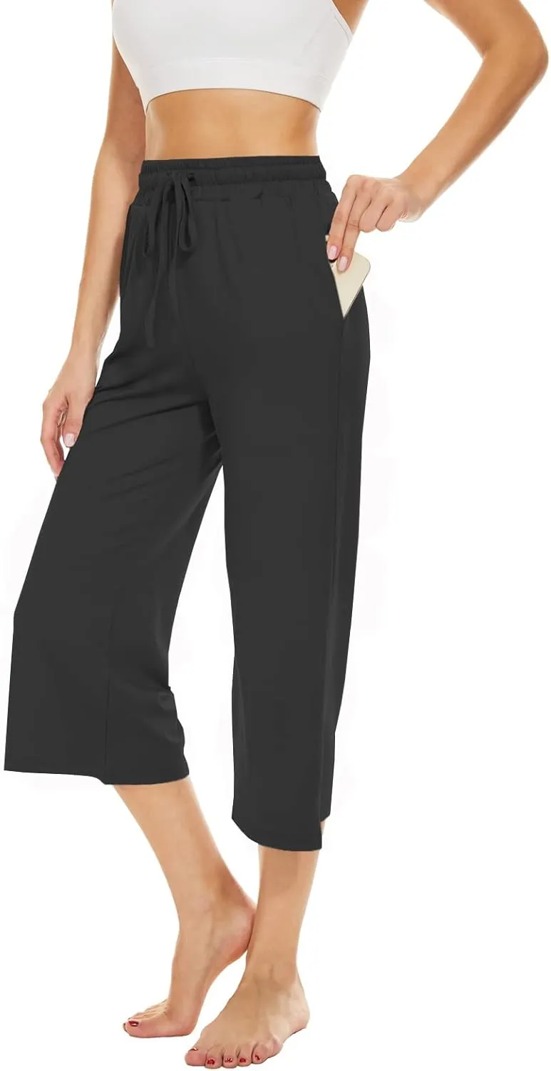 BATHRINS Womens Wide Leg Capri Pants Drawstring Loose Sweatpants Comfy Lounge Pajama Capris with Pockets