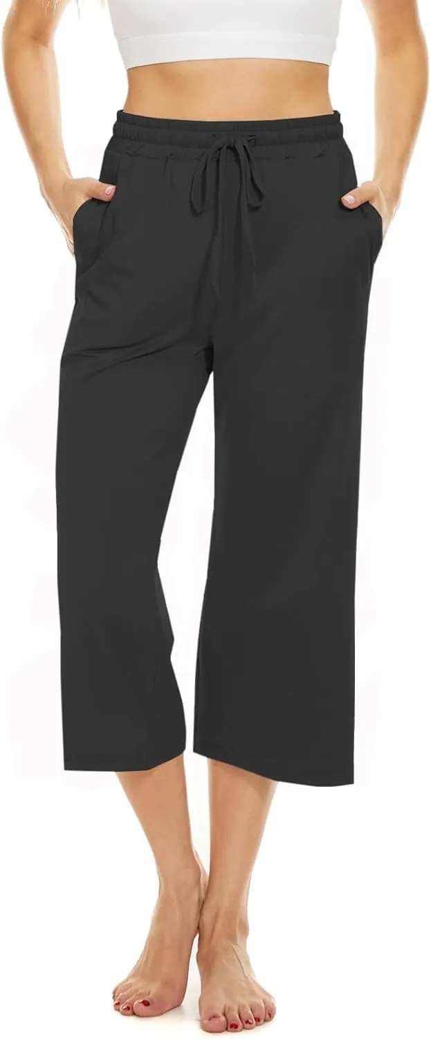 BATHRINS Womens Wide Leg Capri Pants Drawstring Loose Sweatpants Comfy Lounge Pajama Capris with Pockets