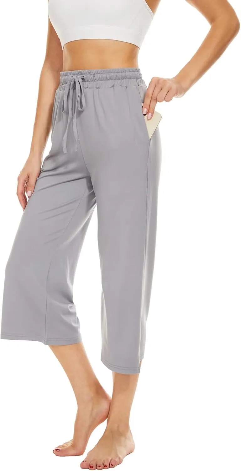BATHRINS Womens Wide Leg Capri Pants Drawstring Loose Sweatpants Comfy Lounge Pajama Capris with Pockets