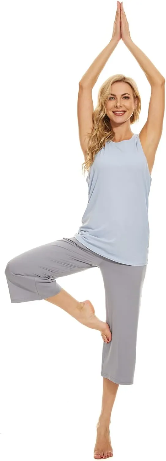 BATHRINS Womens Wide Leg Capri Pants Drawstring Loose Sweatpants Comfy Lounge Pajama Capris with Pockets