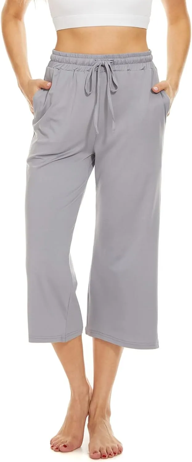 BATHRINS Womens Wide Leg Capri Pants Drawstring Loose Sweatpants Comfy Lounge Pajama Capris with Pockets