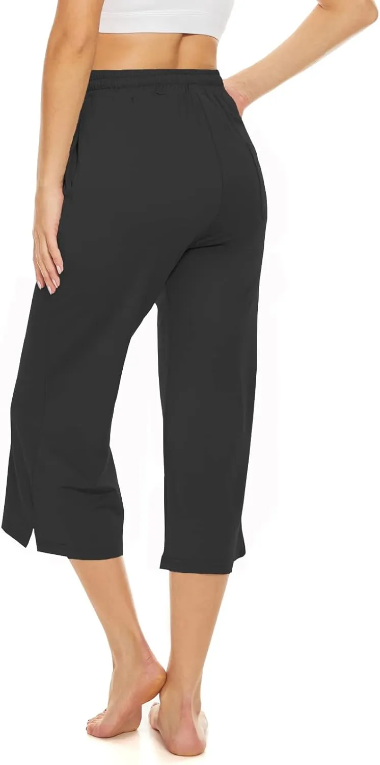 BATHRINS Womens Wide Leg Capri Pants Drawstring Loose Sweatpants Comfy Lounge Pajama Capris with Pockets