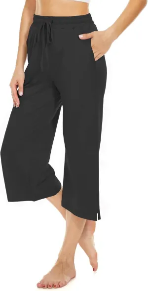 BATHRINS Womens Wide Leg Capri Pants Drawstring Loose Sweatpants Comfy Lounge Pajama Capris with Pockets